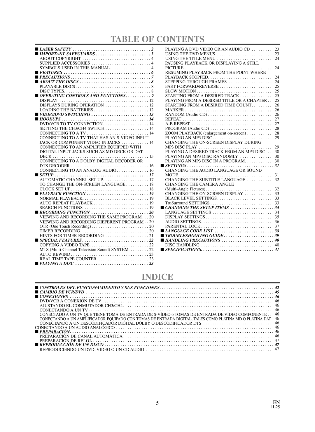 Sears SRD2900 owner manual Table of Contents, Indice 