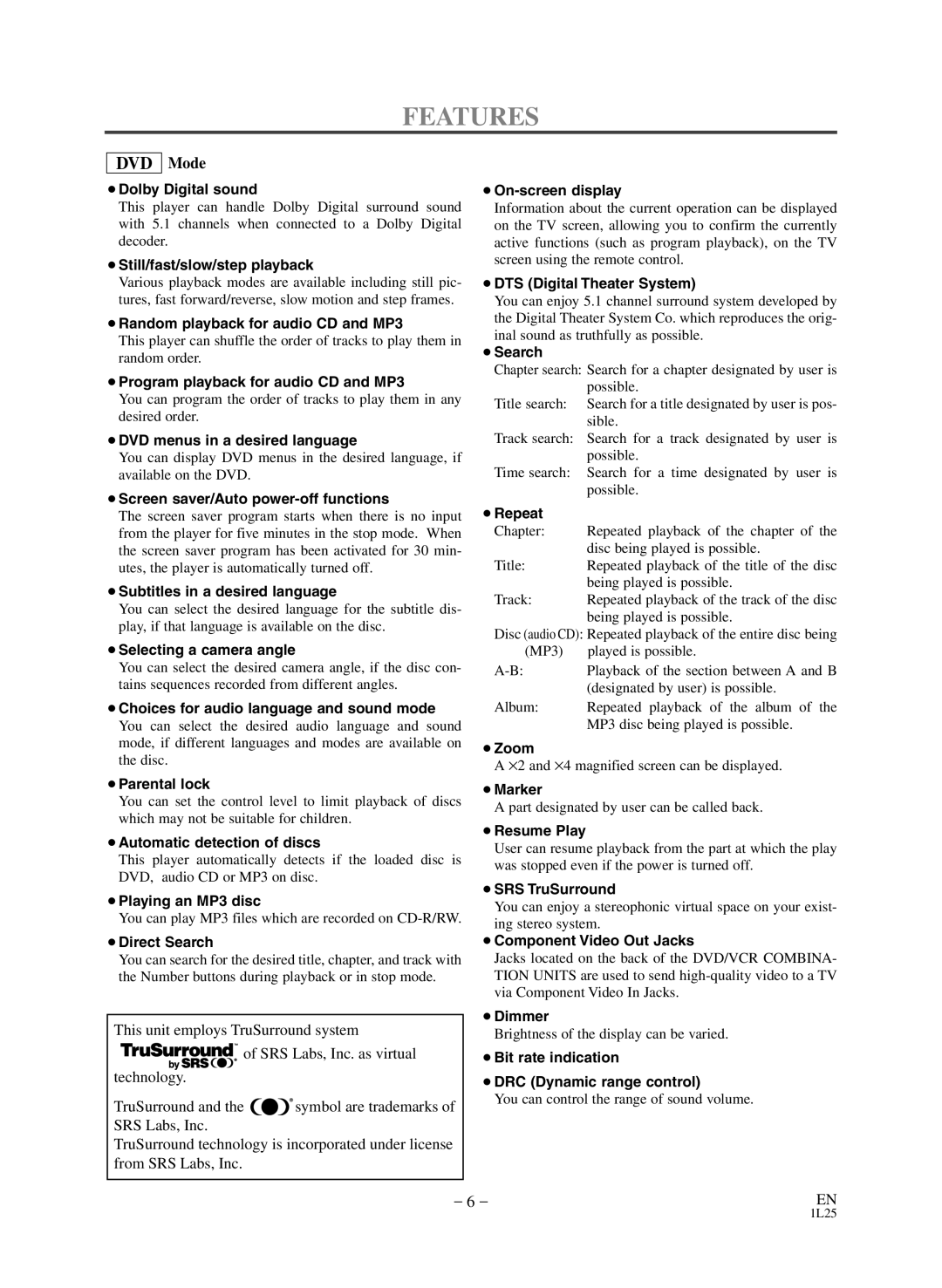 Sears SRD2900 owner manual Features, DVD Mode 