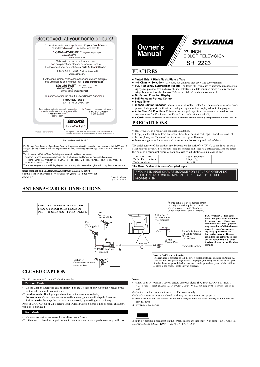 Sears SRT2223 owner manual Features, Precautions, ANTENNA/CABLE Connections, Closed Caption 