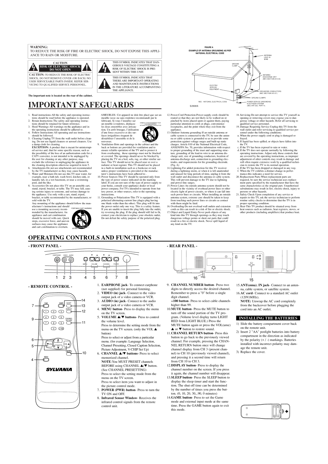 Sears SRT2223 owner manual Important Safeguards, Rear Panel, Remote Control, Installing the Batteries 