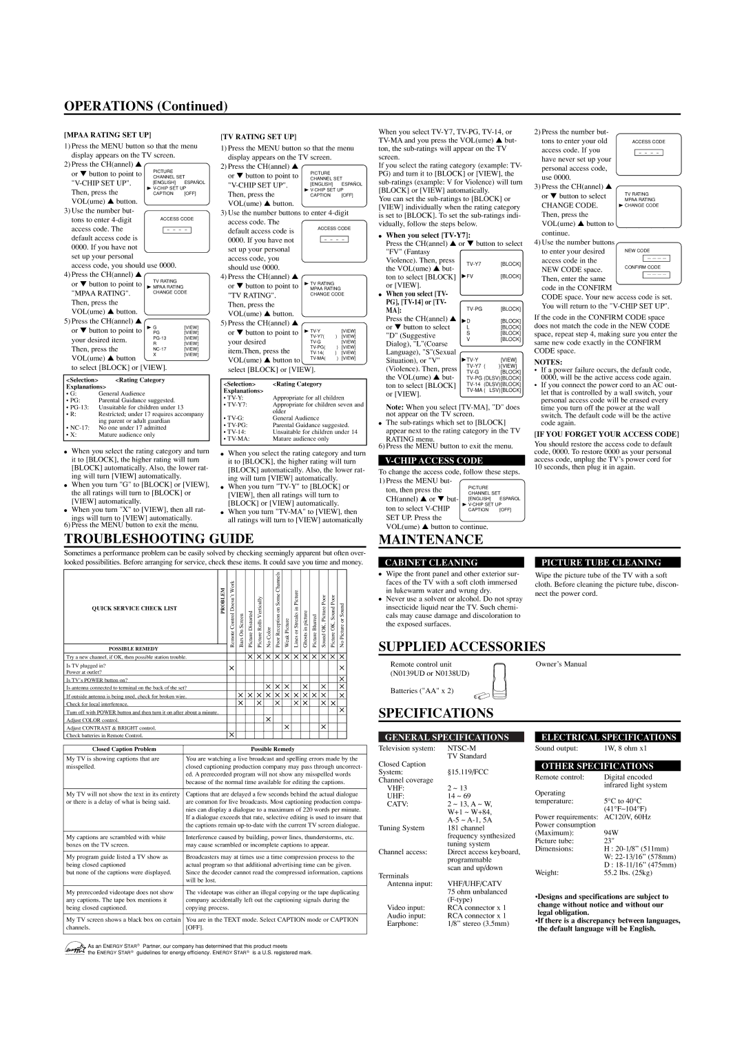 Sears SRT2223 owner manual Operations, Troubleshooting Guide, Maintenance, Supplied Accessories, Specifications 