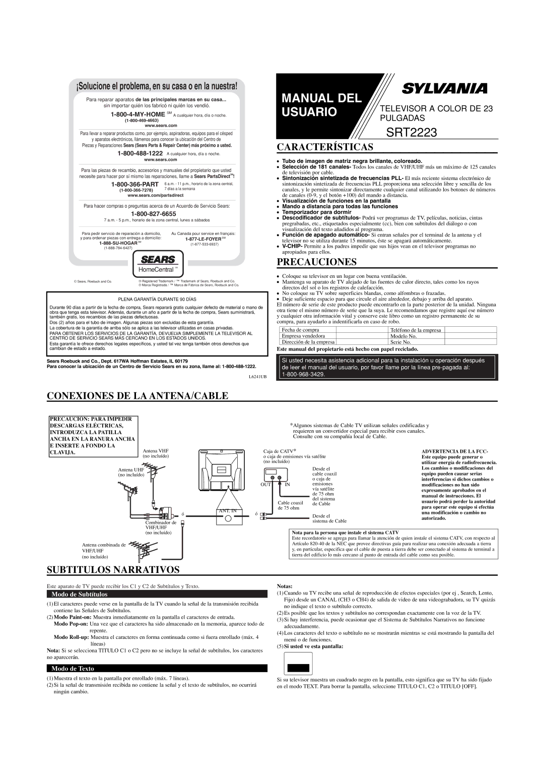 Sears SRT2223 owner manual Características, Precauciones, Conexiones DE LA ANTENA/CABLE, Subtitulos Narrativos 