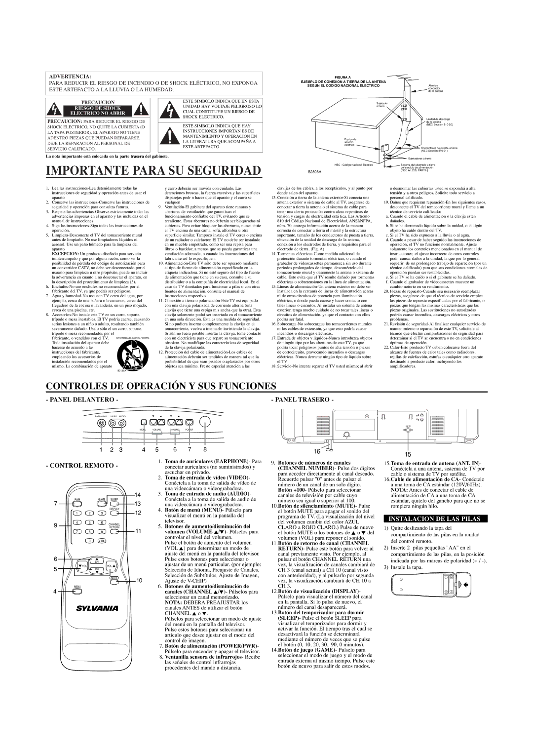 Sears SRT2223 owner manual Importante Para SU Seguridad, Panel Trasero, Instalacion DE LAS Pilas, Advertencia 