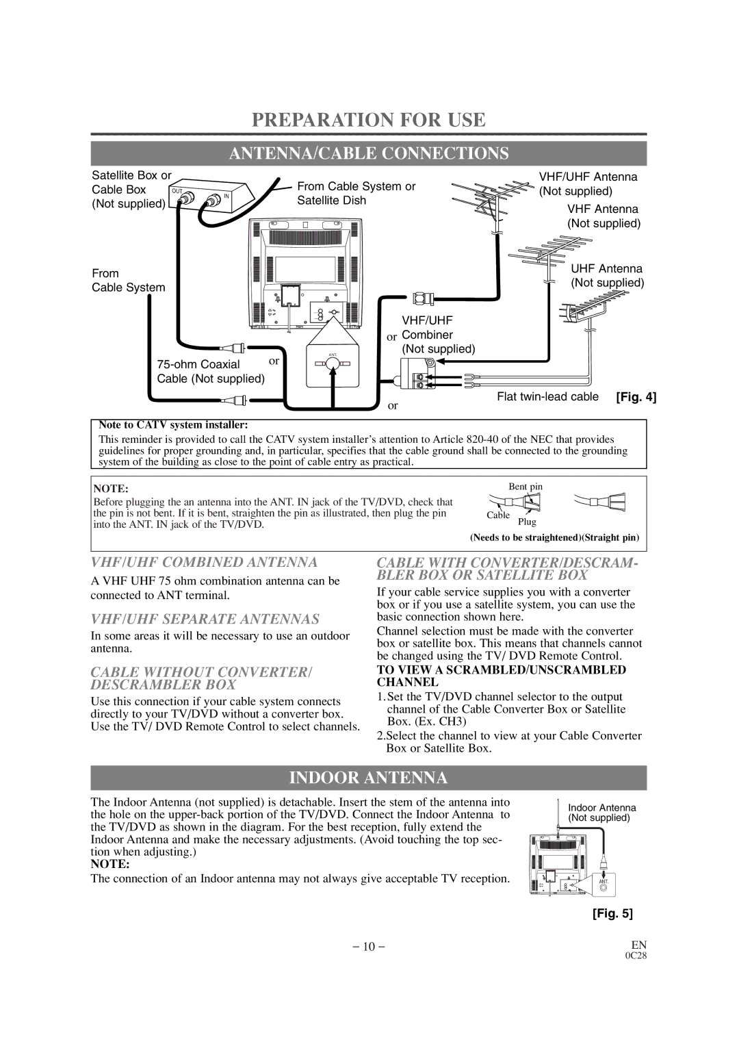 Sears SRTD313 owner manual Preparation for USE, ANTENNA/CABLE Connections, Indoor Antenna 