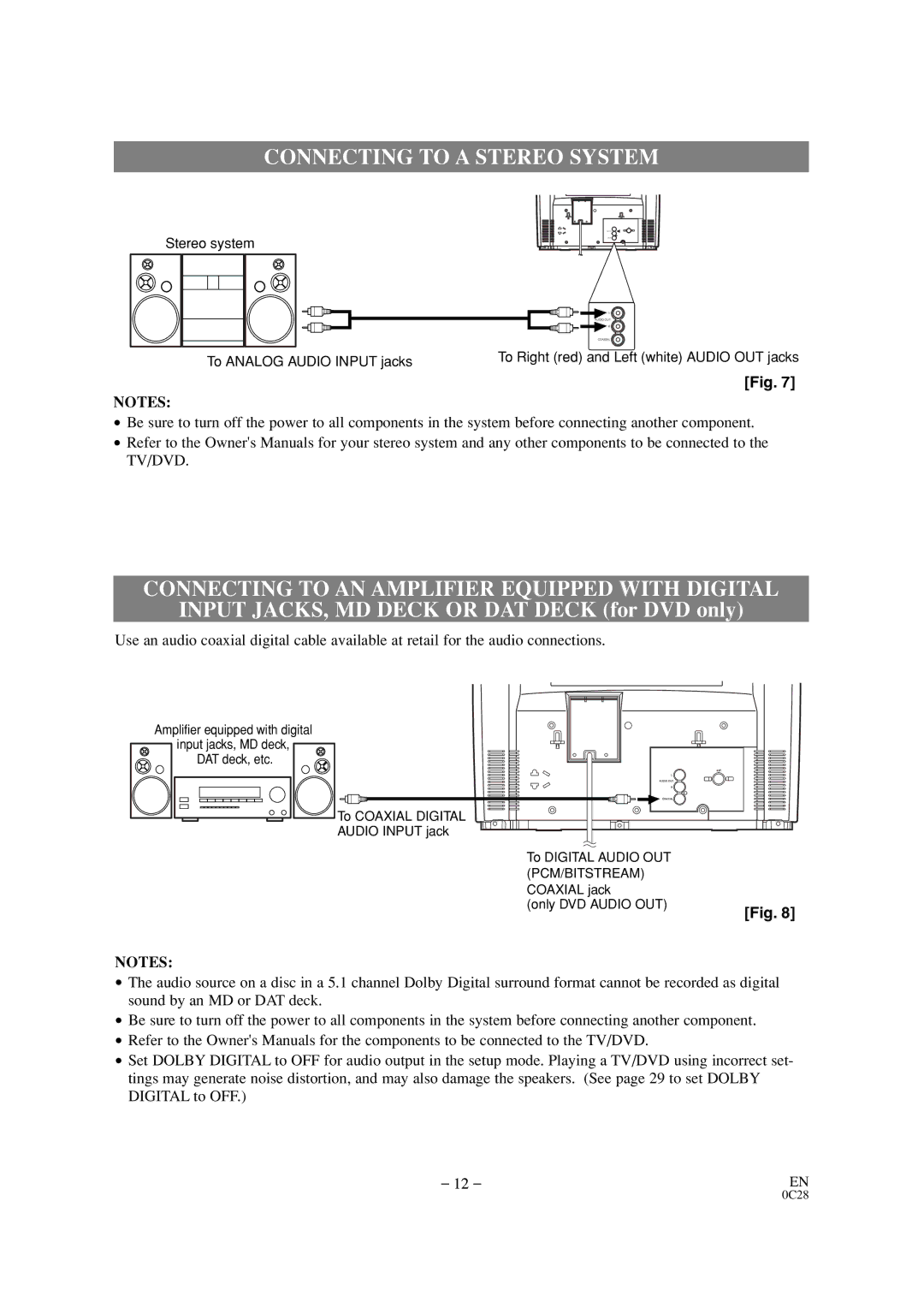 Sears SRTD313 owner manual Connecting to a Stereo System, Connecting to AN Amplifier Equipped with Digital 