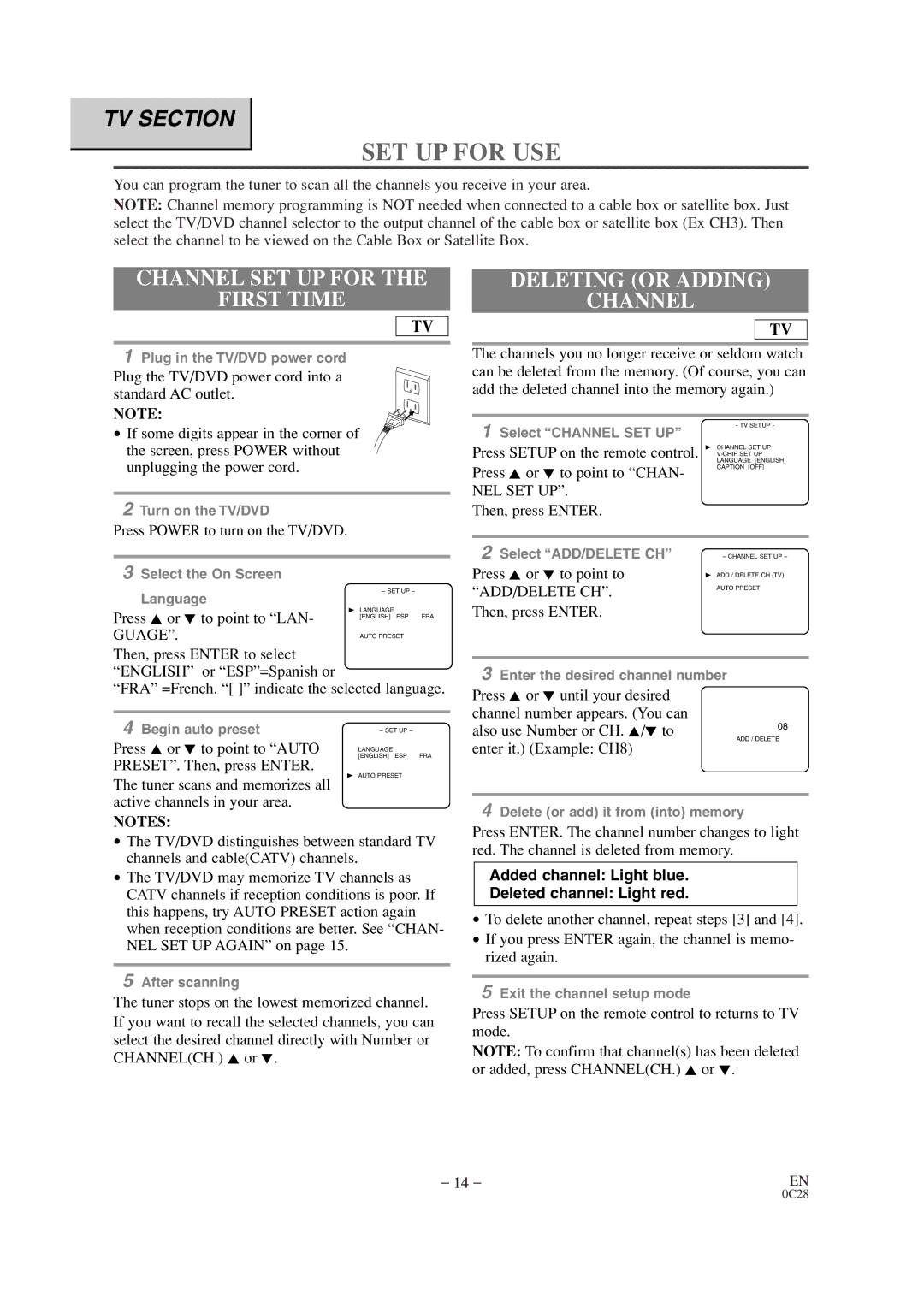 Sears SRTD313 owner manual SET UP for USE, Channel SET UP for First Time, Deleting or Adding Channel 