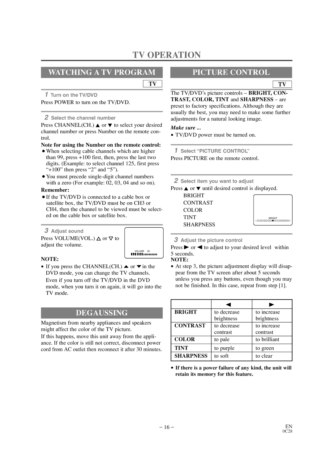 Sears SRTD313 owner manual TV Operation, Watching a TV Program, Degaussing, Picture Control 