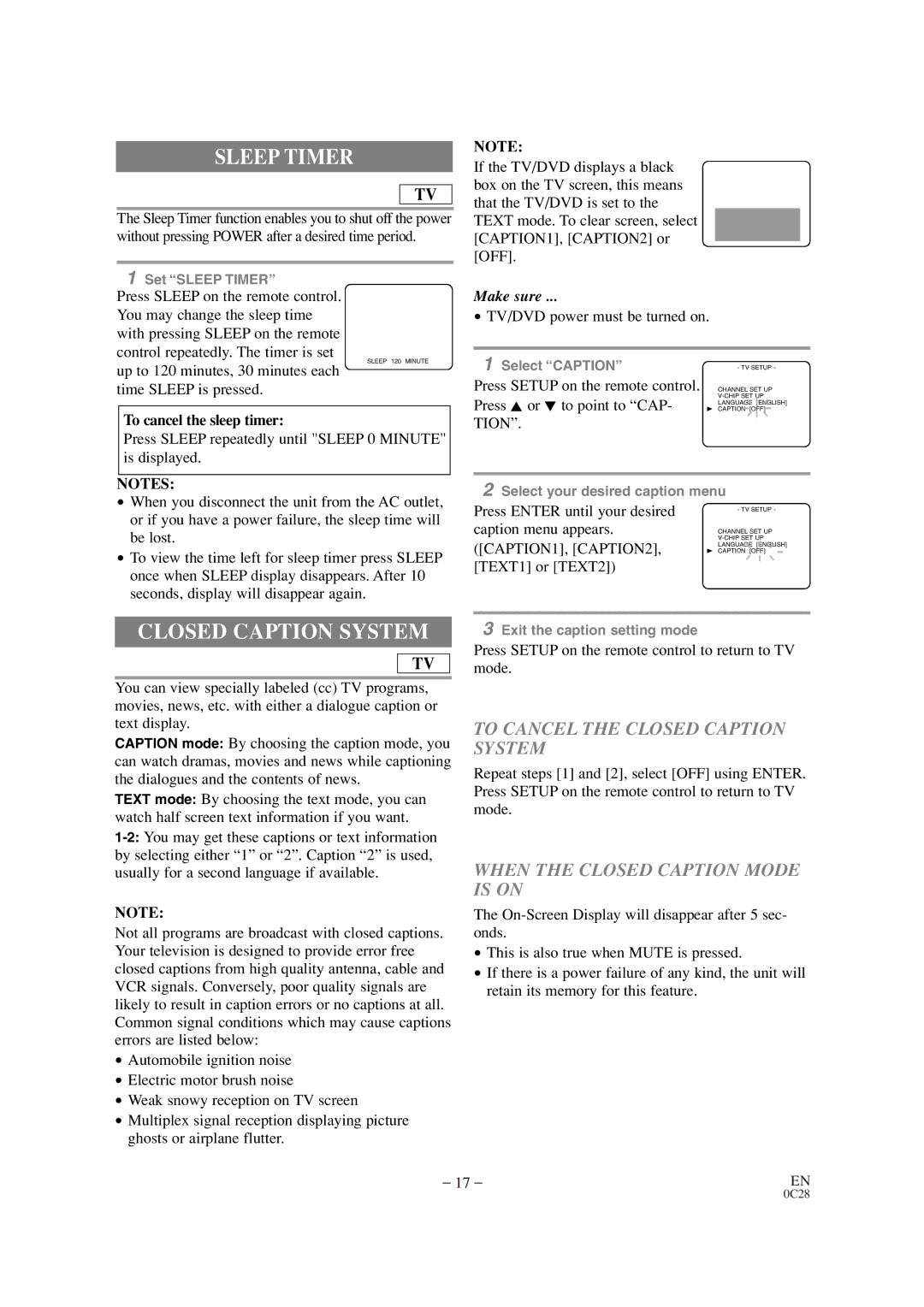 Sears SRTD313 owner manual Sleep Timer, To Cancel the Closed Caption System, When the Closed Caption Mode is on 