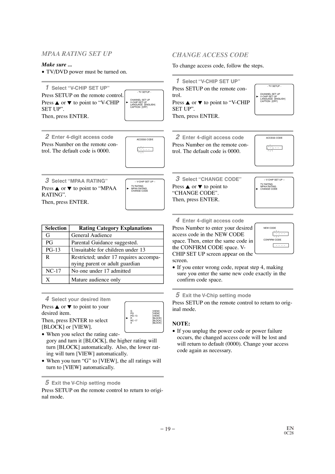 Sears SRTD313 owner manual Mpaa Rating SET UP, Change Access Code 