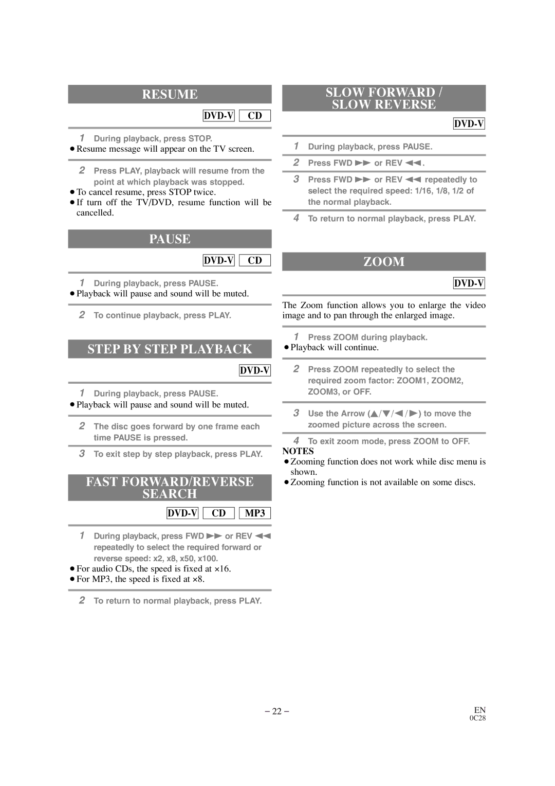 Sears SRTD313 Resume, Slow Forward Slow Reverse, Pause, Step by Step Playback, Fast FORWARD/REVERSE Search, Zoom 