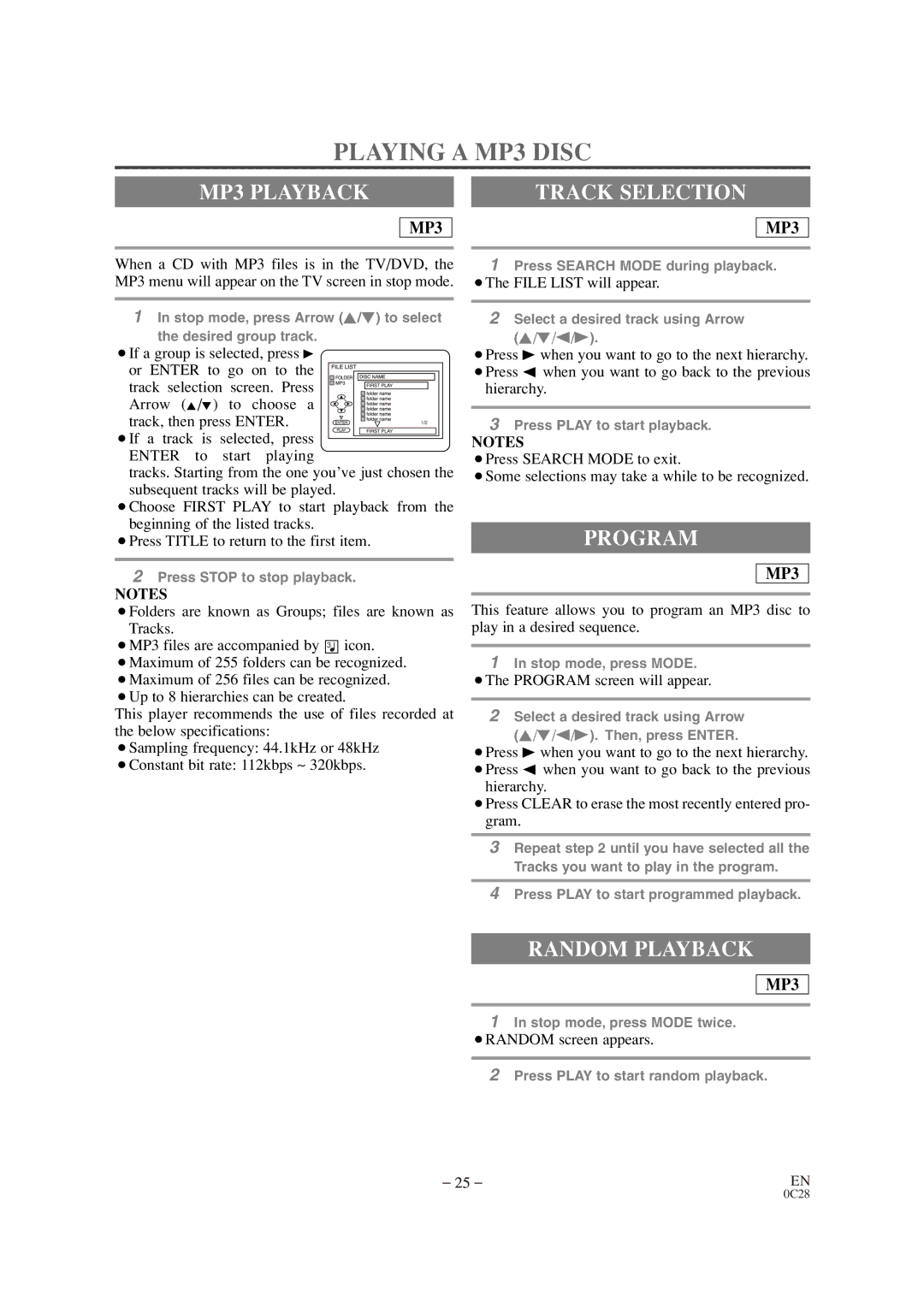 Sears SRTD313 owner manual Playing a MP3 Disc, MP3 Playback, Track Selection, Program, ¡The File List will appear 