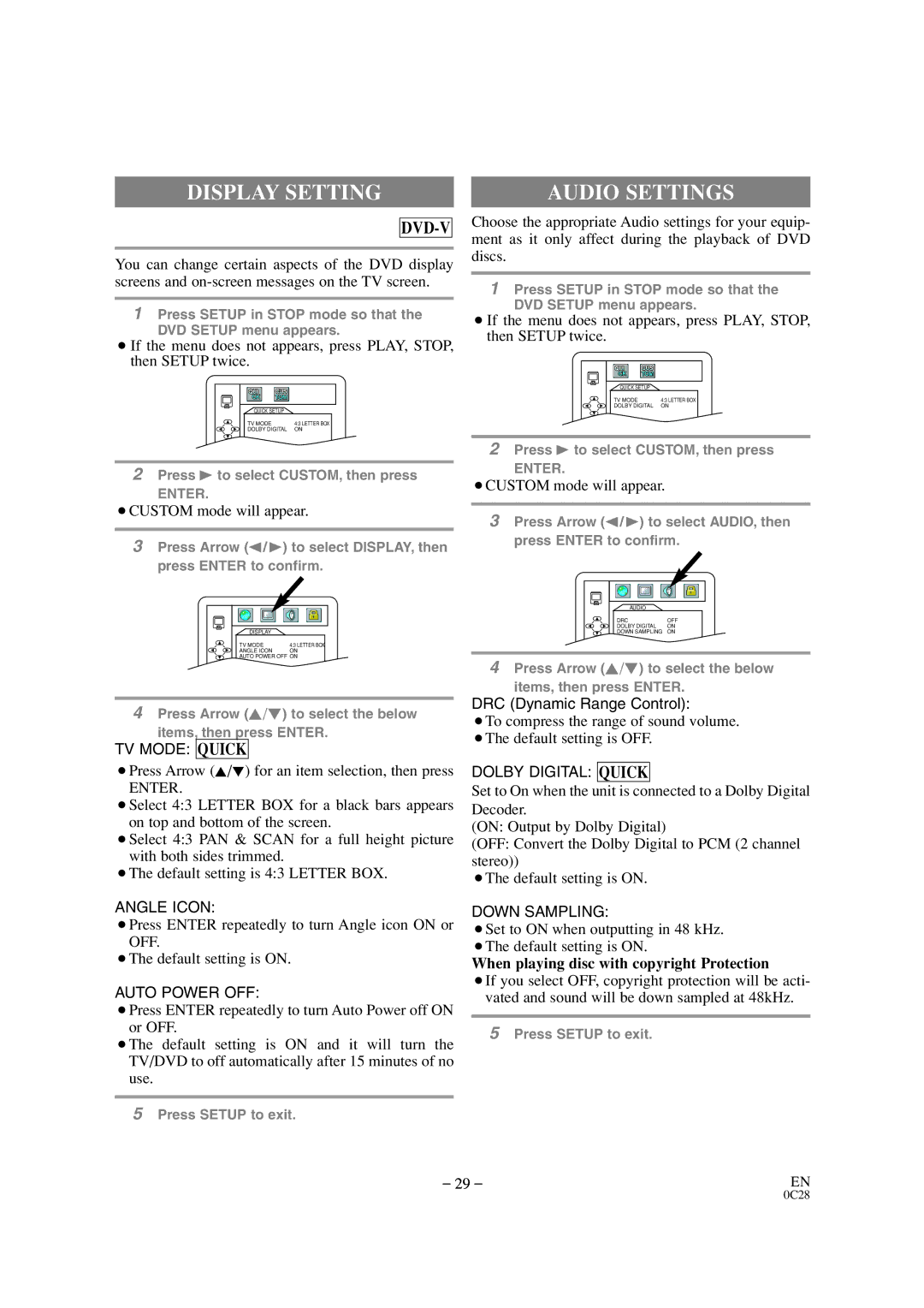 Sears SRTD313 owner manual Display Setting, Audio Settings, ¡Press Arrow K/L for an item selection, then press 