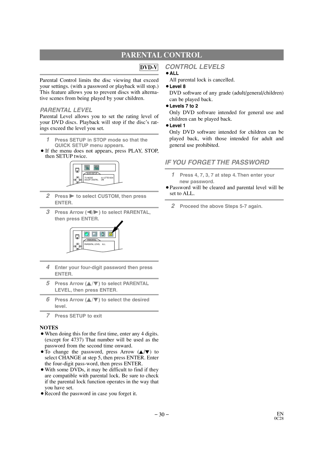 Sears SRTD313 owner manual Parental Control, All parental lock is cancelled 