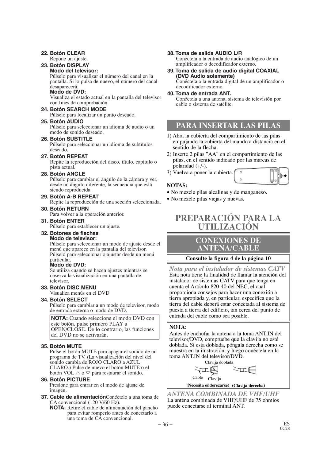 Sears SRTD313 owner manual Preparación Para LA Utilización, Para Insertar LAS Pilas, Conexiones DE ANTENA/CABLE 