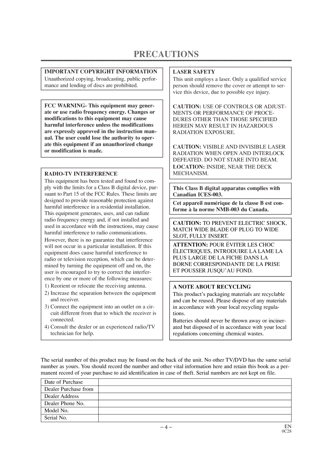 Sears SRTD313 owner manual Precautions, Important Copyright Information, RADIO-TV Interference, Laser Safety 