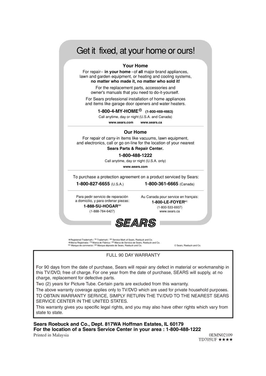 Sears SRTD313 owner manual Canada, 0EMN02109, TD705UF 