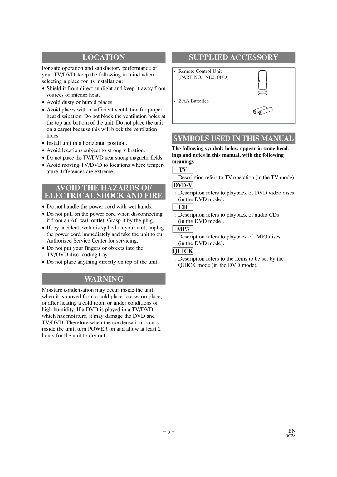 Sears SRTD313 Location, Avoid the Hazards Electrical Shock and Fire, Supplied Accessory, Symbols Used in this Manual 