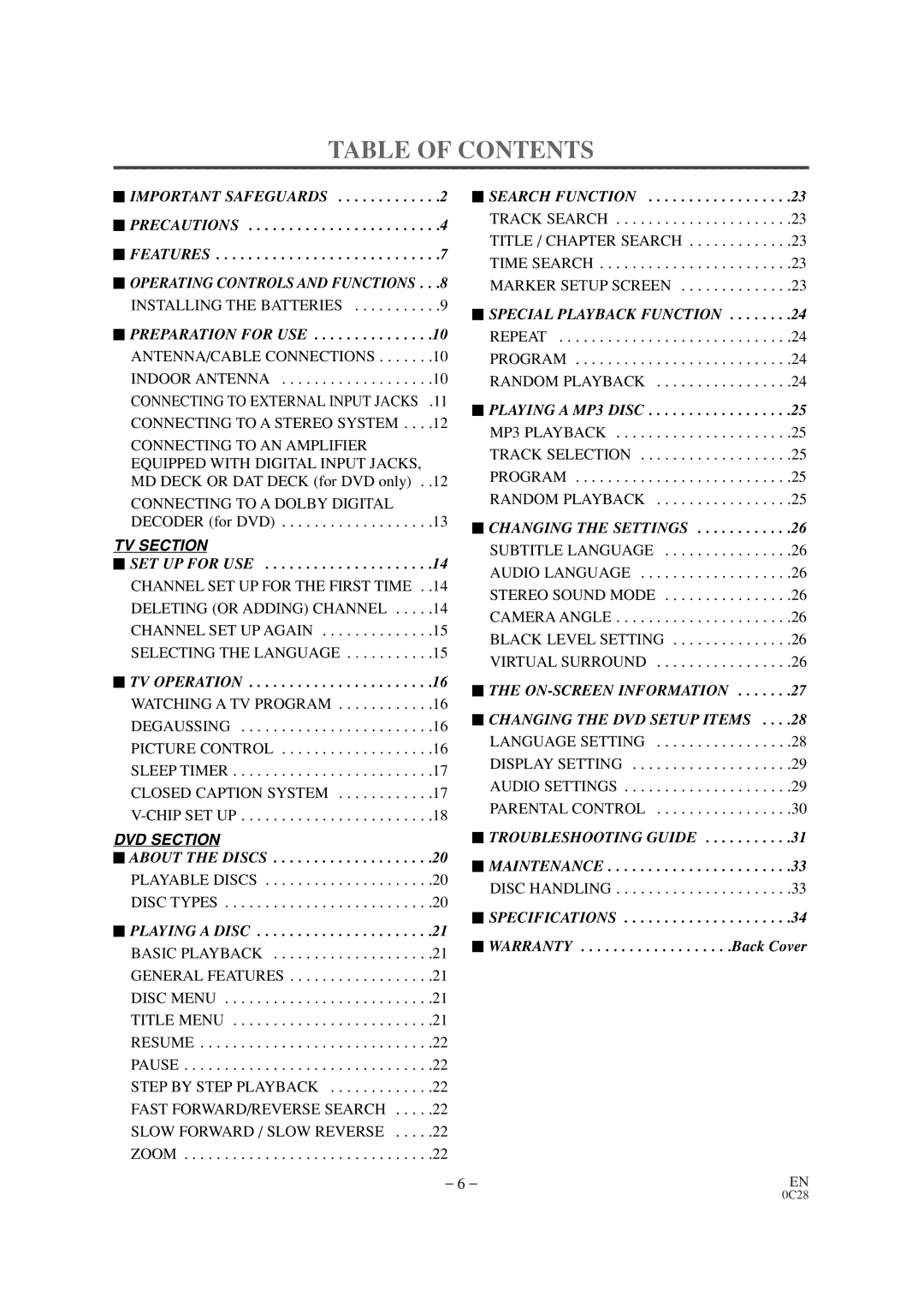 Sears SRTD313 owner manual Table of Contents 