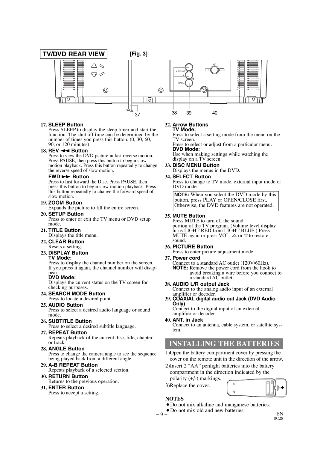 Sears SRTD313 owner manual Installing the Batteries 