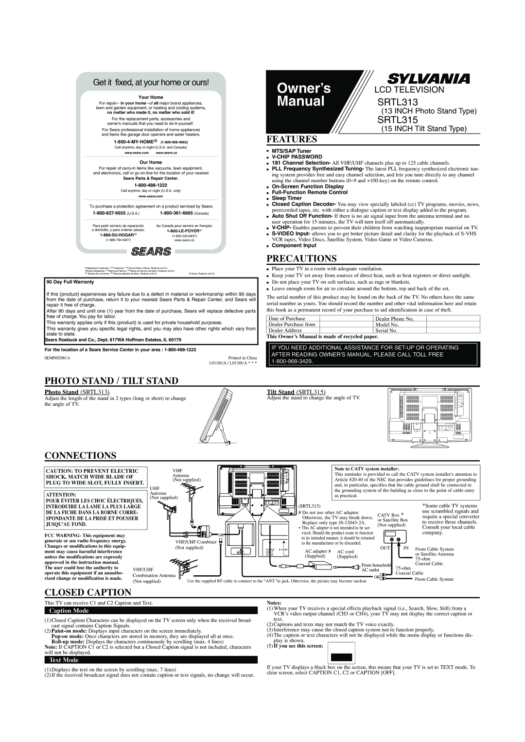 Sears SRTL313, SRTL315 owner manual Features, Precautions, Photo Stand / Tilt Stand, Connections, Closed Caption 