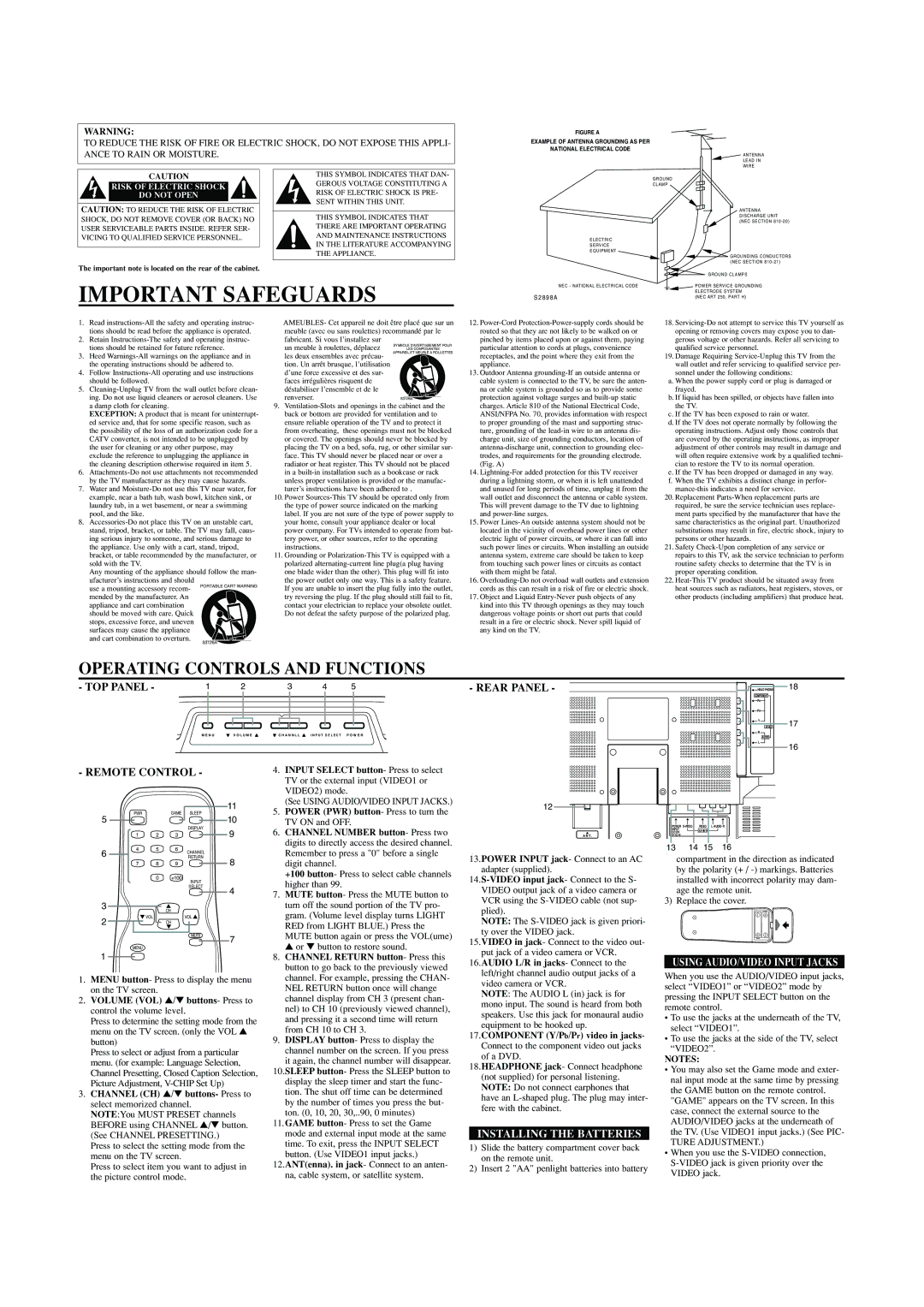 Sears SRTL313, SRTL315 owner manual Important Safeguards, TOP Panel, Rear Panel, Remote Control, Installing the Batteries 