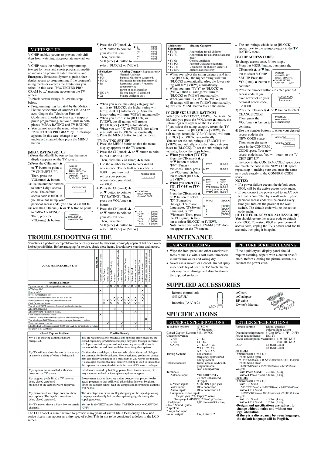 Sears SRTL313, SRTL315 owner manual Troubleshooting Guide, Maintenance, Supplied Accessories, Specifications 