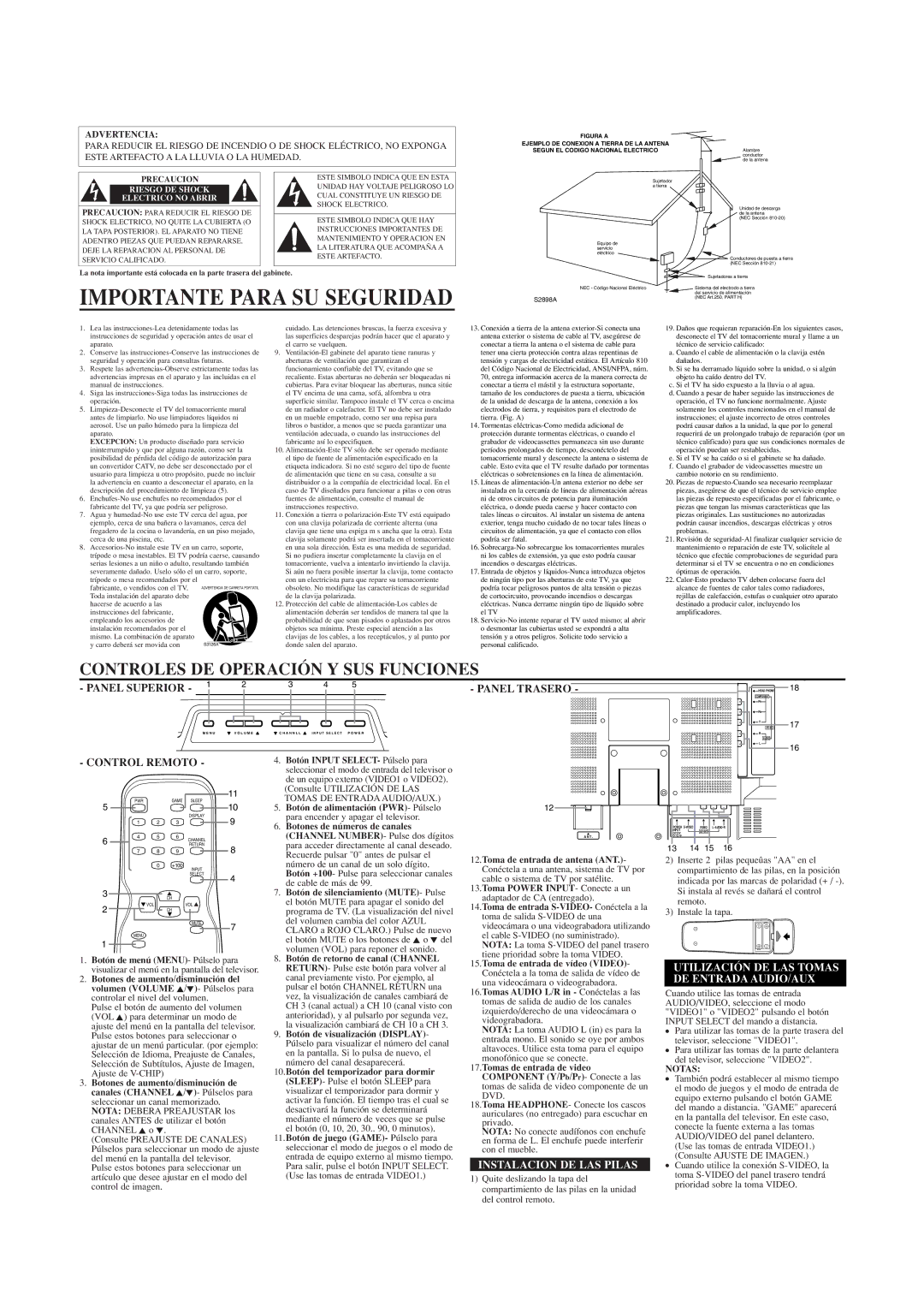 Sears SRTL313, SRTL315 Importante Para SU Seguridad, Controles DE Operación Y SUS Funciones, Instalacion DE LAS Pilas 