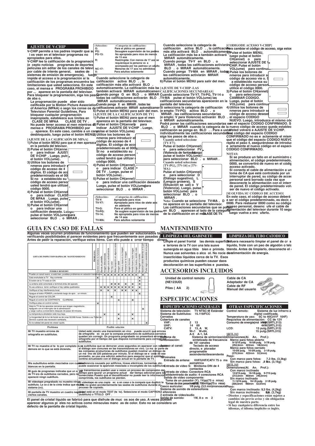 Sears SRTL313, SRTL315 owner manual Guia EN Caso DE Fallas, Mantenimiento, Accesorios Incluidos, Especificaciones 