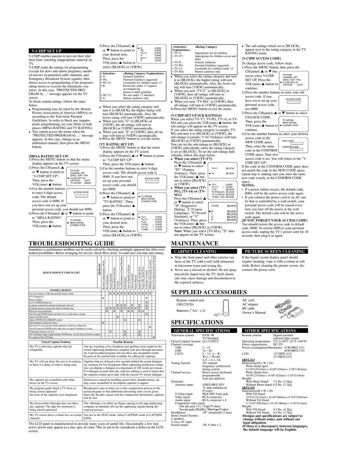 Sears SRTL313, SRTL315 owner manual Troubleshooting Guide, Maintenance, Supplied Accessories, Specifications, V-Chip Set Up 