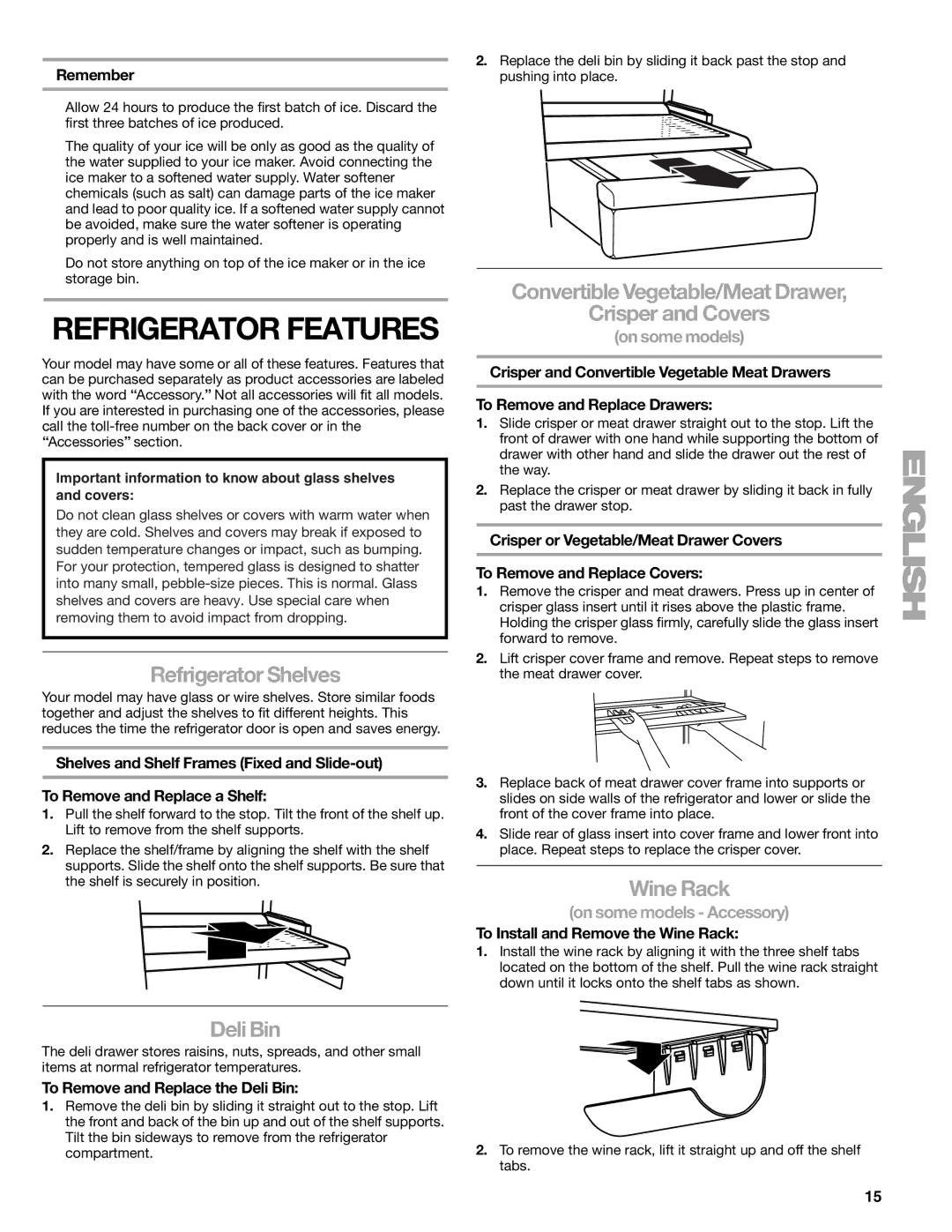 Sears T1KB2/T1RFKB2 manual Refrigerator Shelves, Deli Bin, Convertible Vegetable/Meat Drawer Crisper and Covers, Wine Rack 