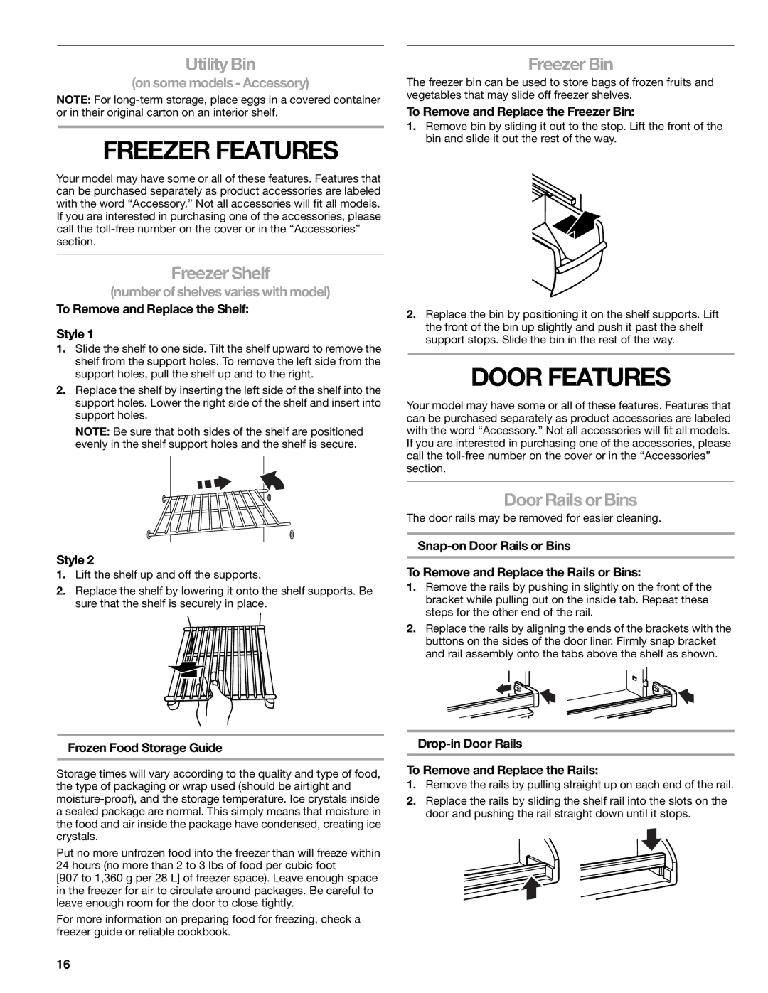 Sears T1KB2/T1RFKB2 manual Freezer Features, Door Features 