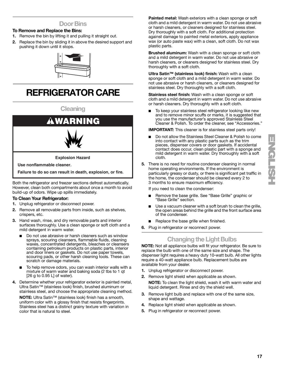 Sears T1KB2/T1RFKB2 manual Refrigerator Care, Door Bins, Cleaning, Changing the Light Bulbs 