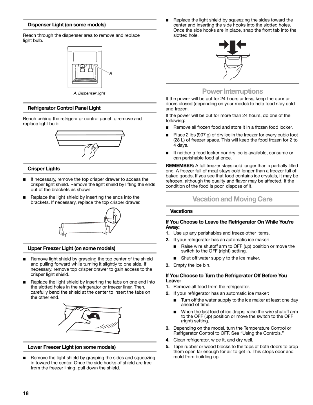 Sears T1KB2/T1RFKB2 manual Power Interruptions, Vacation and Moving Care 