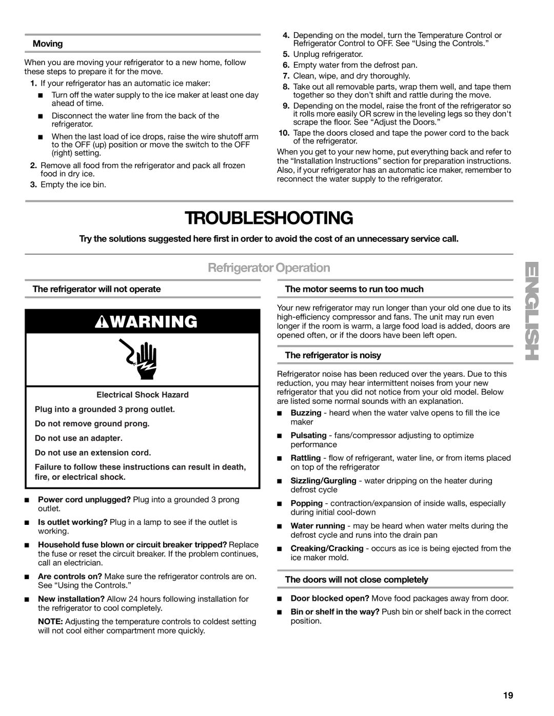 Sears T1KB2/T1RFKB2 manual Troubleshooting, Refrigerator Operation 