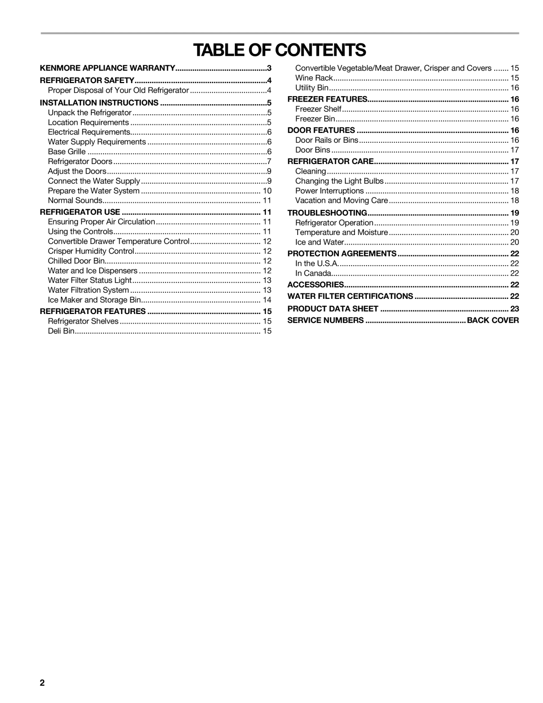 Sears T1KB2/T1RFKB2 manual Table of Contents 