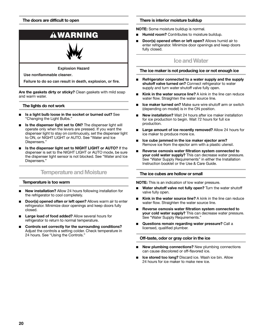 Sears T1KB2/T1RFKB2 manual Temperature and Moisture, Ice and Water 