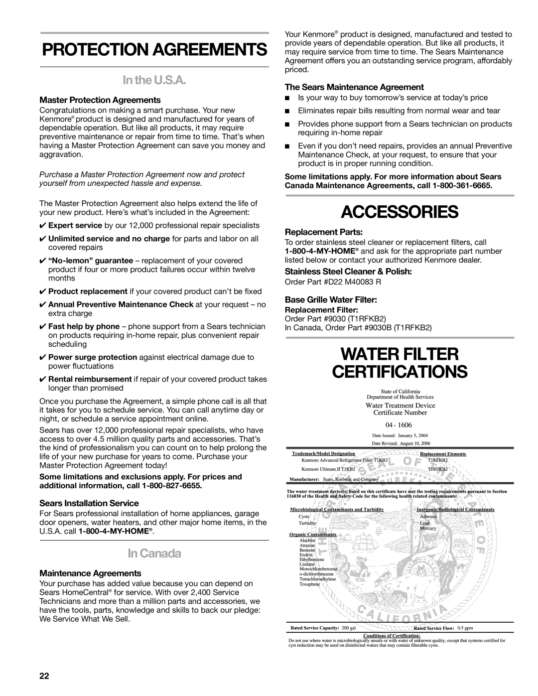 Sears T1KB2/T1RFKB2 manual Accessories, Water Filter Certifications, U.S.A, Canada 