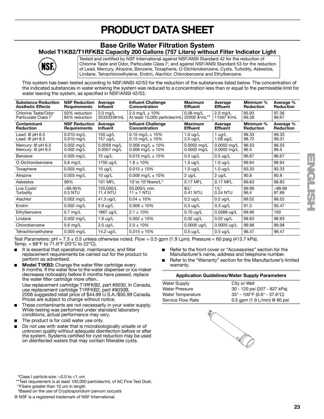 Sears T1KB2/T1RFKB2 manual Product Data Sheet, Application Guidelines/Water Supply Parameters 