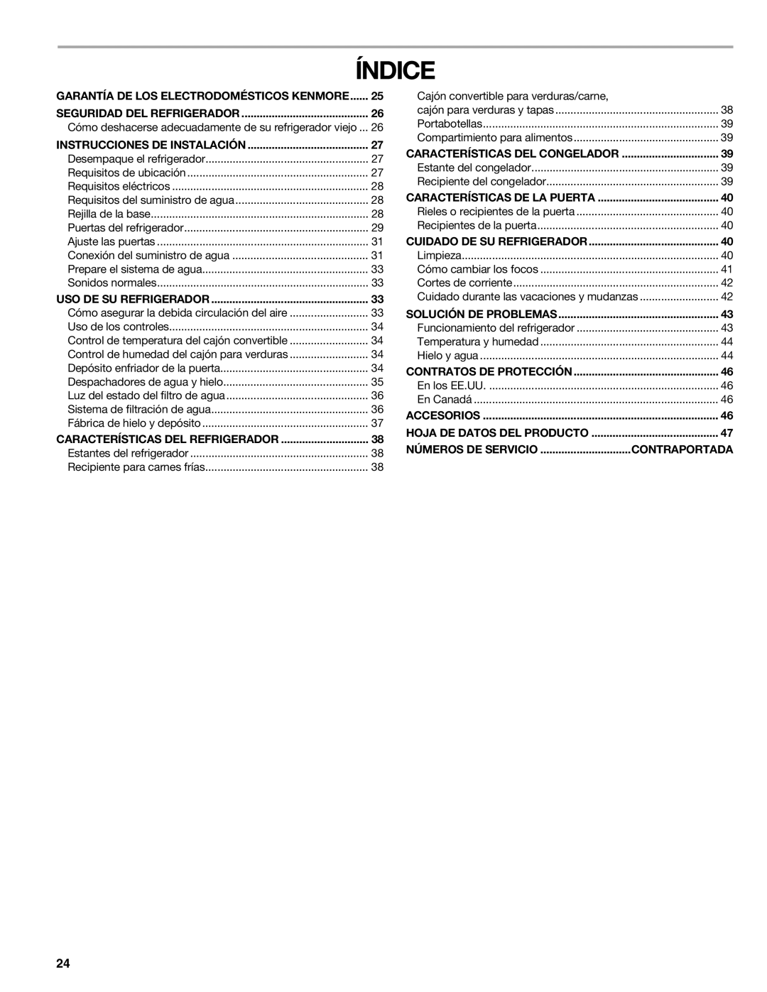 Sears T1KB2/T1RFKB2 manual Índice 