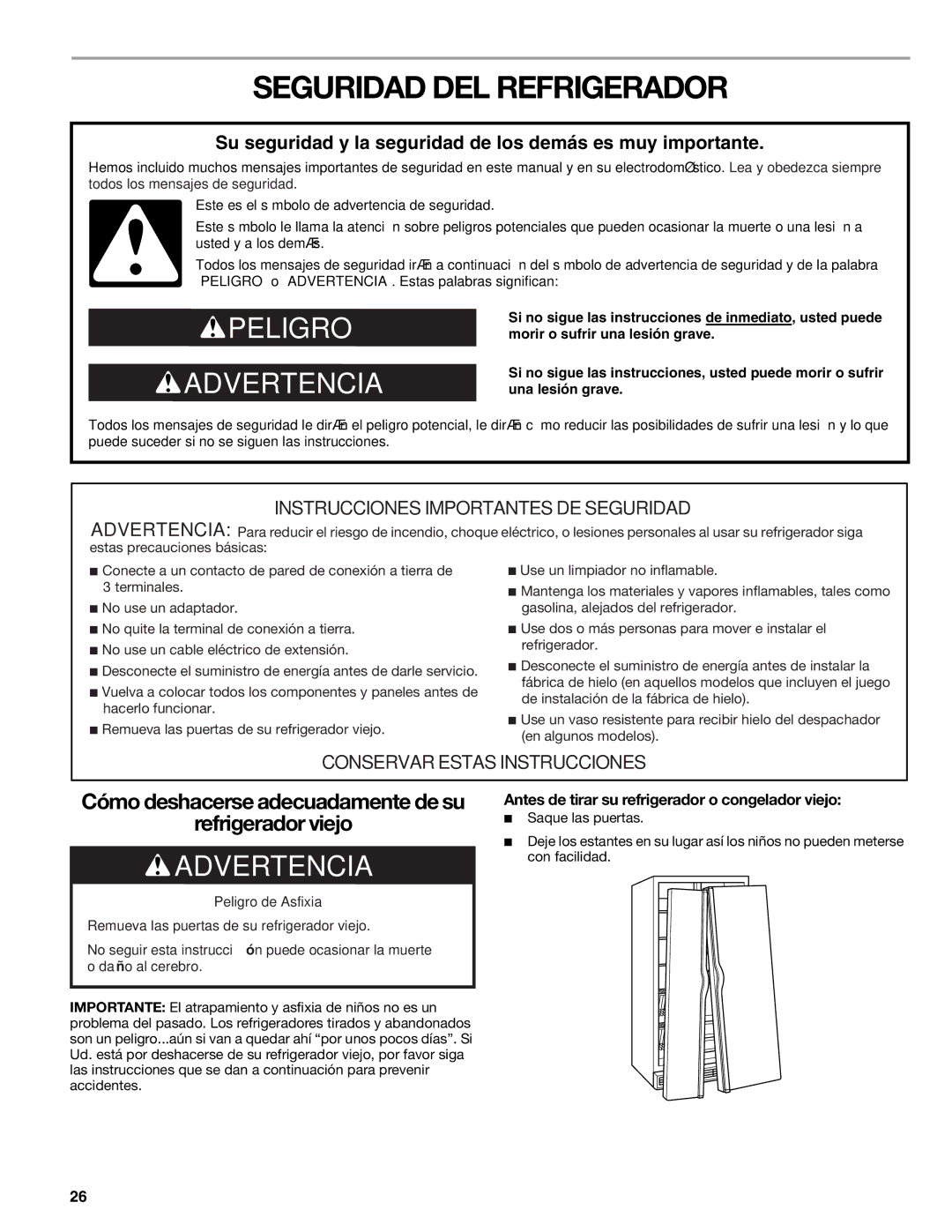 Sears T1KB2/T1RFKB2 manual Seguridad DEL Refrigerador, Antes de tirar su refrigerador o congelador viejo 