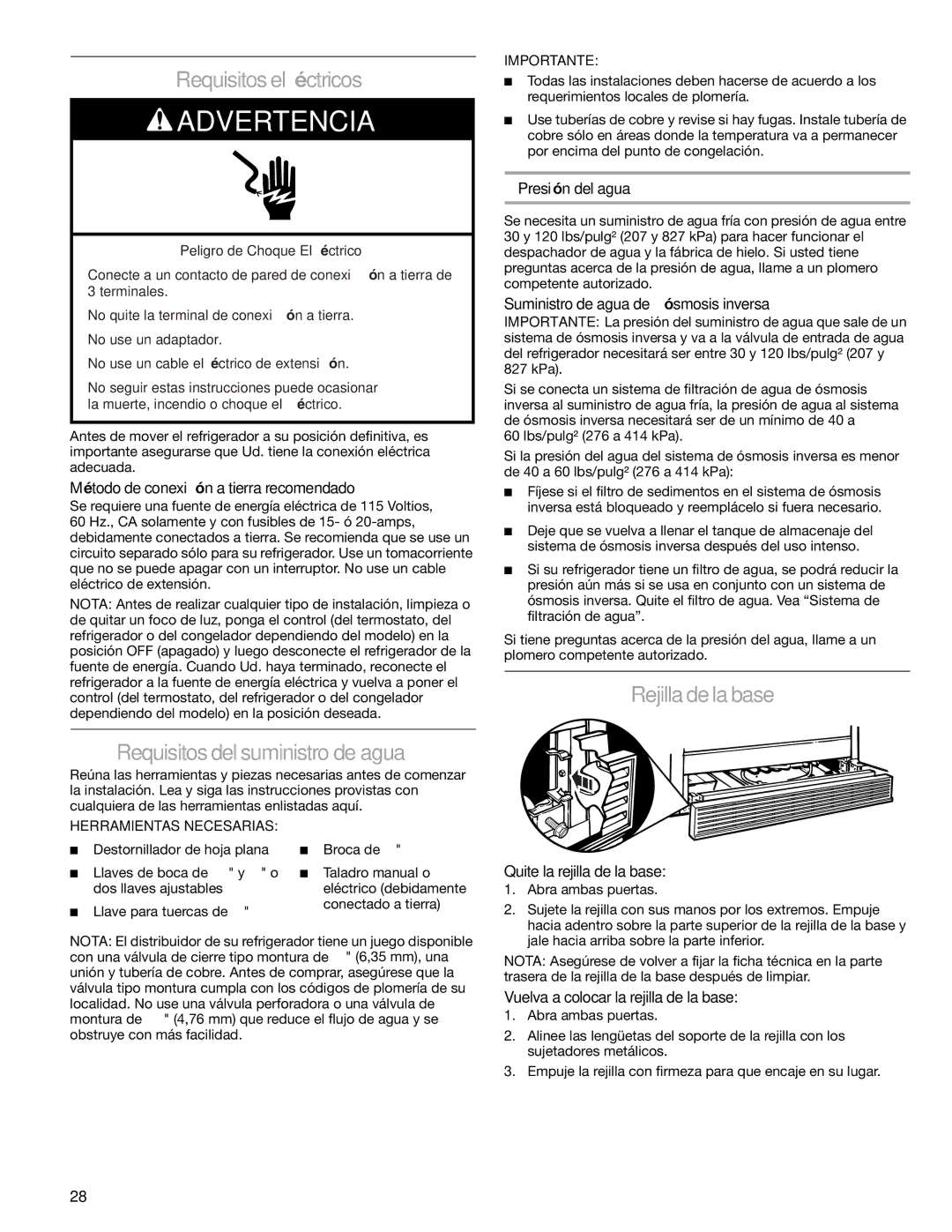 Sears T1KB2/T1RFKB2 manual Requisitos eléctricos, Requisitos del suministro de agua, Rejilla de la base 