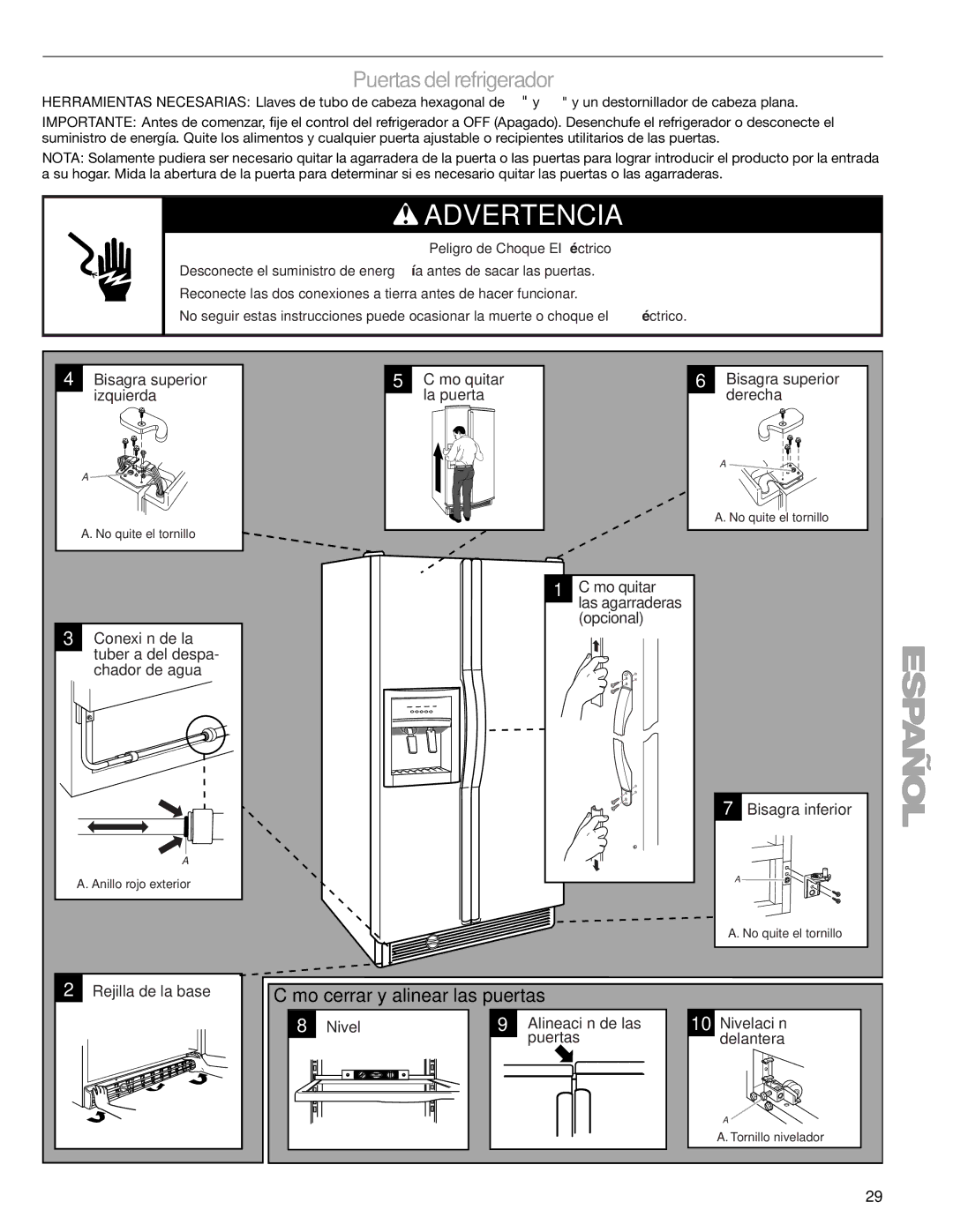 Sears T1KB2/T1RFKB2 manual Puertas del refrigerador, Cómo cerrar y alinear las puertas 