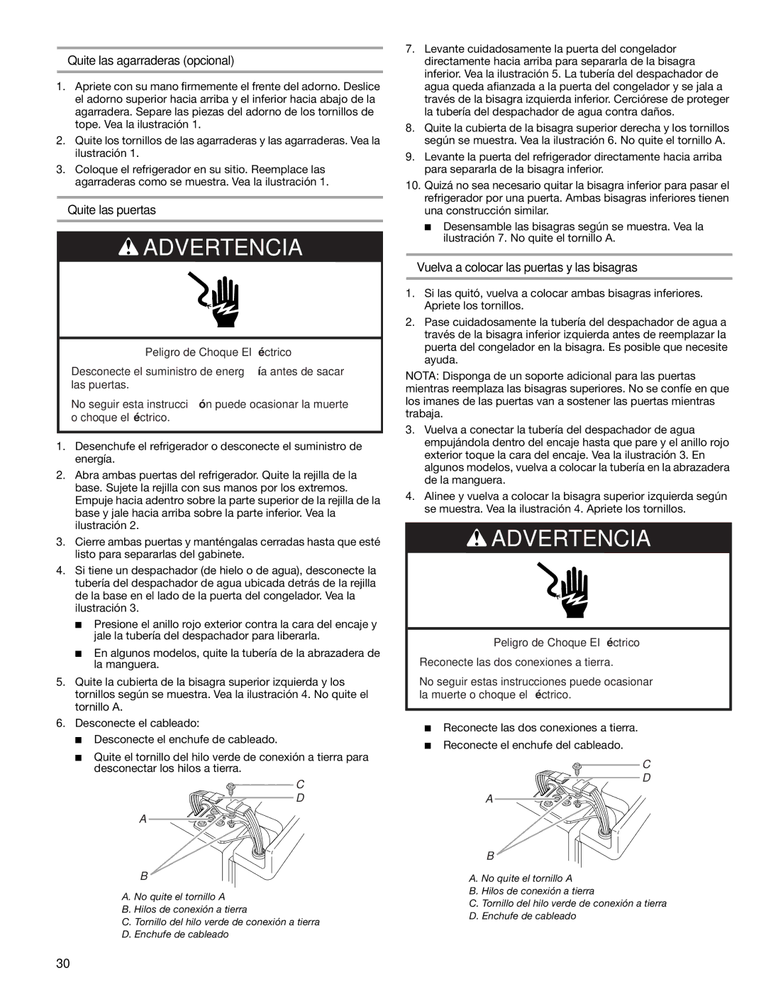 Sears T1KB2/T1RFKB2 manual Quite las agarraderas opcional, Quite las puertas, Vuelva a colocar las puertas y las bisagras 