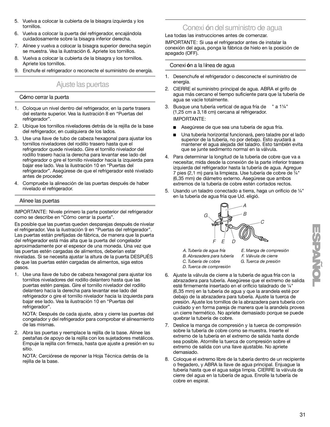 Sears T1KB2/T1RFKB2 manual Ajuste las puertas, Conexión del suministro de agua, Cómo cerrar la puerta, Alinee las puertas 