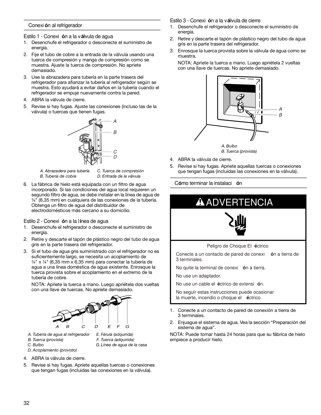 Sears T1KB2/T1RFKB2 manual Estilo 2 Conexión a la línea de agua, Estilo 3 Conexión a la válvula de cierre 