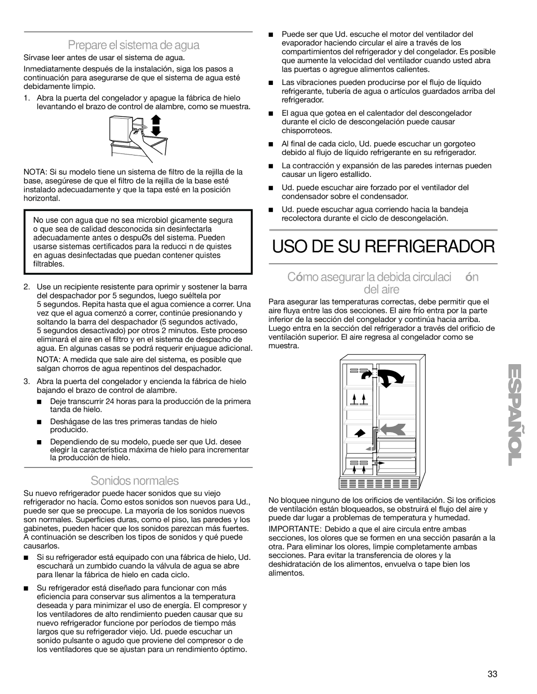 Sears T1KB2/T1RFKB2 manual USO DE SU Refrigerador, Prepare el sistema de agua, Sonidos normales 