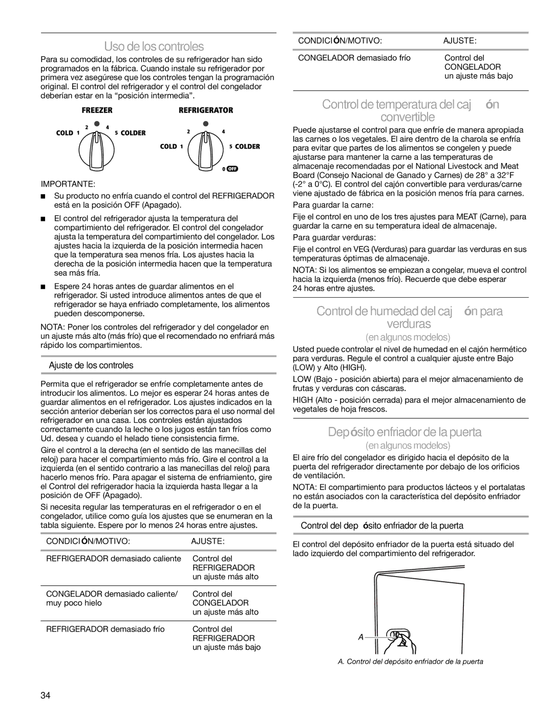 Sears T1KB2/T1RFKB2 Uso de los controles, Control de temperatura del cajón Convertible, Depósito enfriador de la puerta 