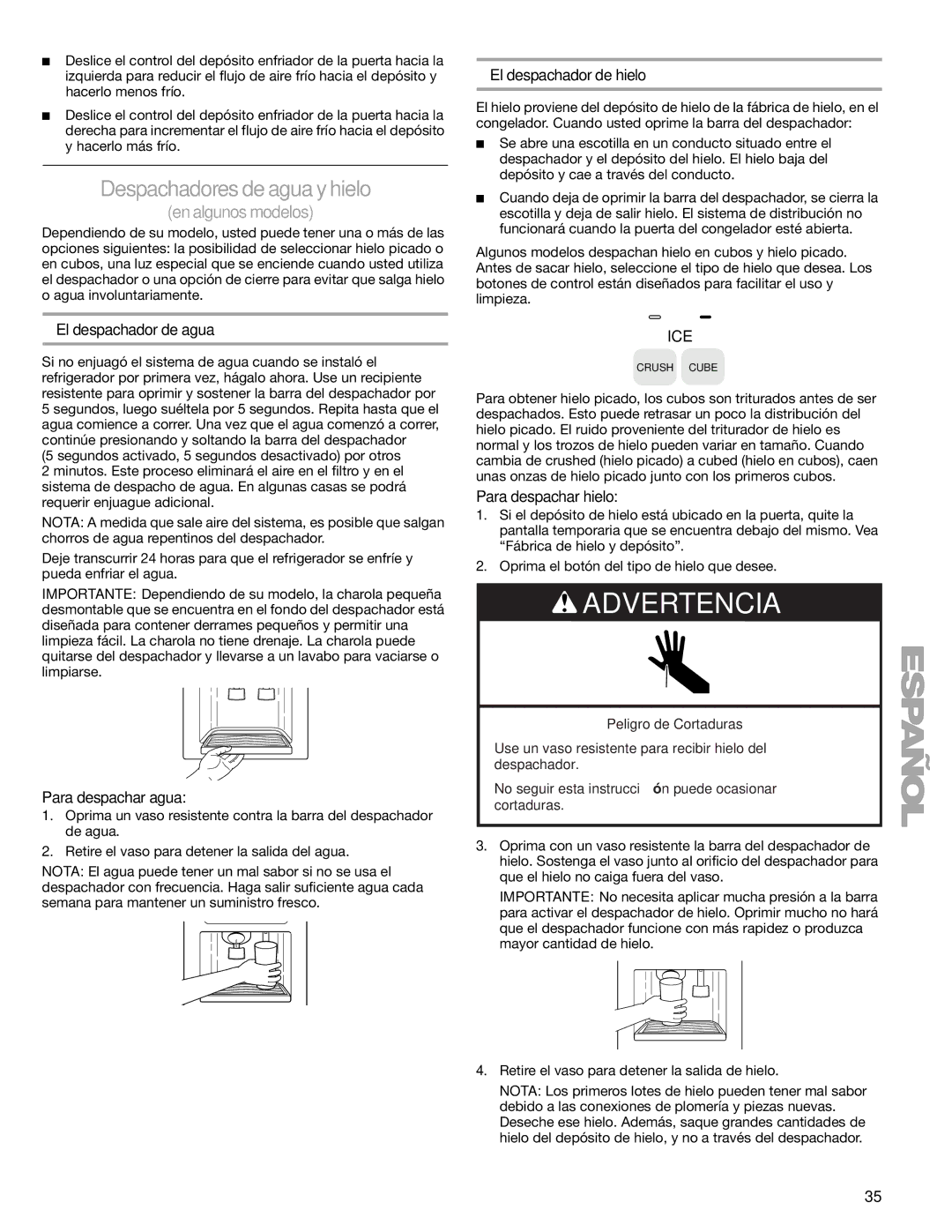 Sears T1KB2/T1RFKB2 Despachadores de agua y hielo, El despachador de agua, Para despachar agua, El despachador de hielo 