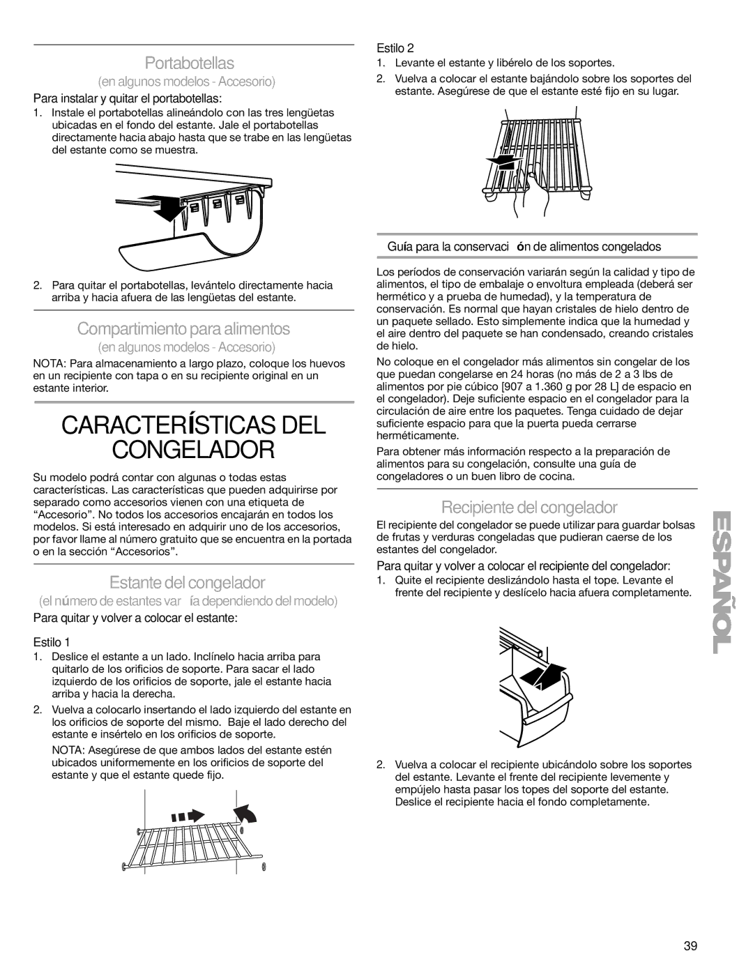 Sears T1KB2/T1RFKB2 Características DEL Congelador, Portabotellas, Compartimiento para alimentos, Estante del congelador 