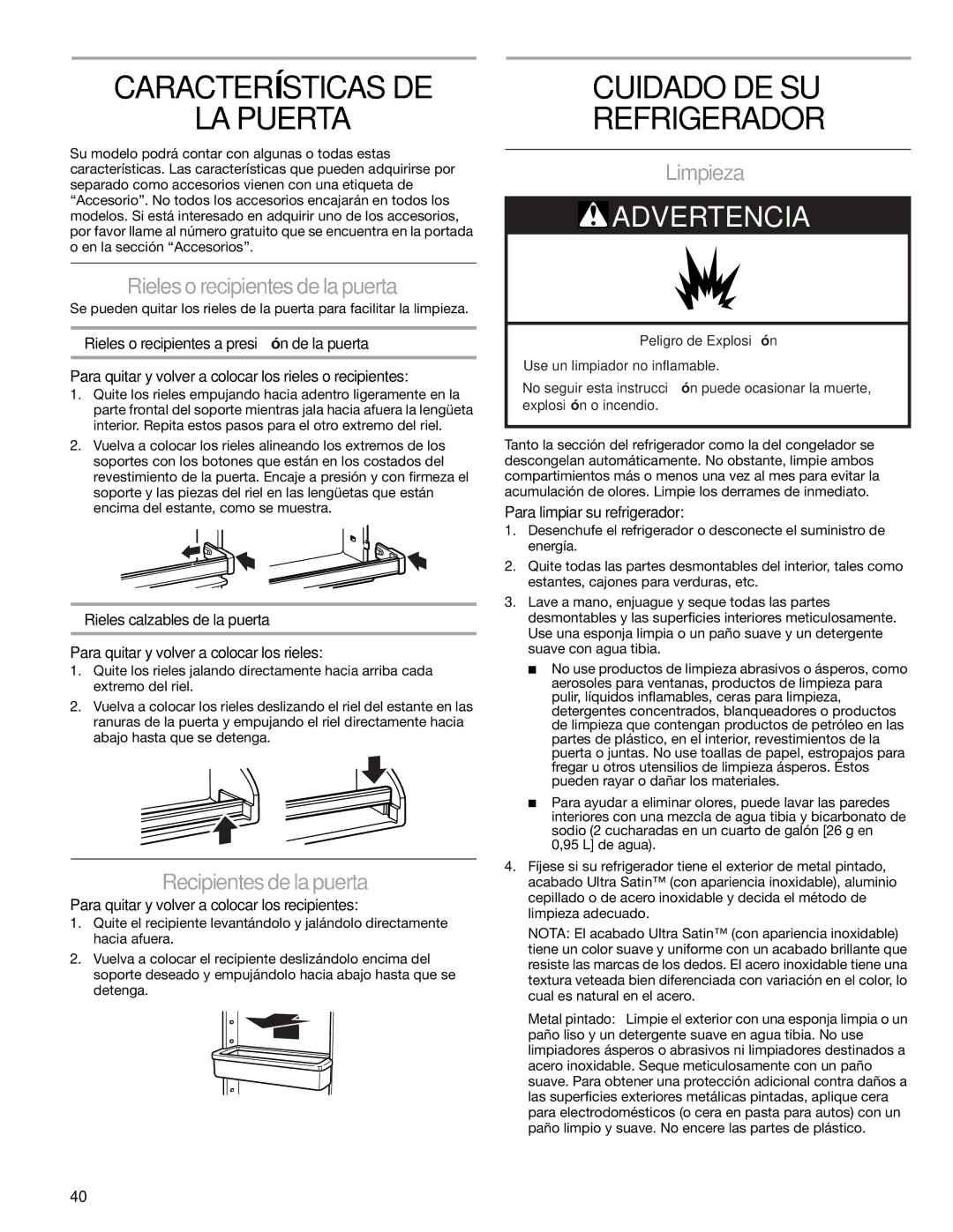 Sears T1KB2/T1RFKB2 Características DE LA Puerta, Cuidado DE SU Refrigerador, Rieles o recipientes de la puerta, Limpieza 